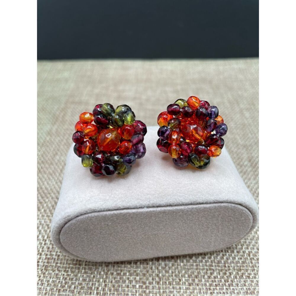 Vintage Joan Rivers Beaded Round Gold Tone Pierced Earrings Fall Colors Pretty